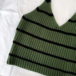 Green & Black Striped Knit Crop Top